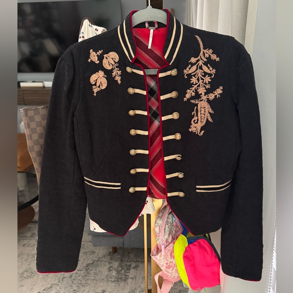 Free People Black Blazer with Gold Embroidery